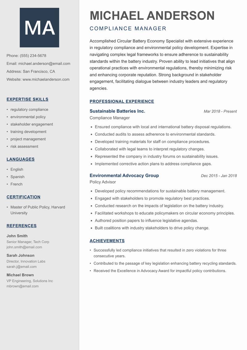 Circular Battery Economy Specialist Resume Preview Example
