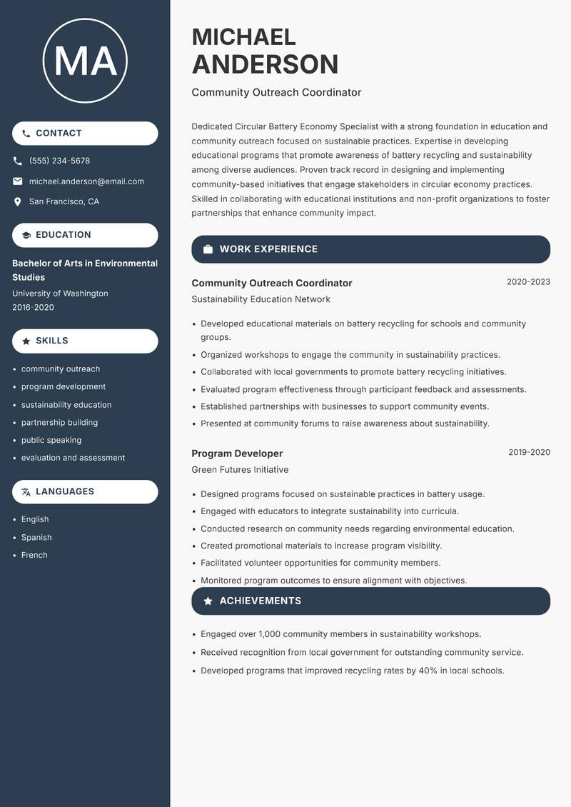 Circular Battery Economy Specialist Resume Preview Example