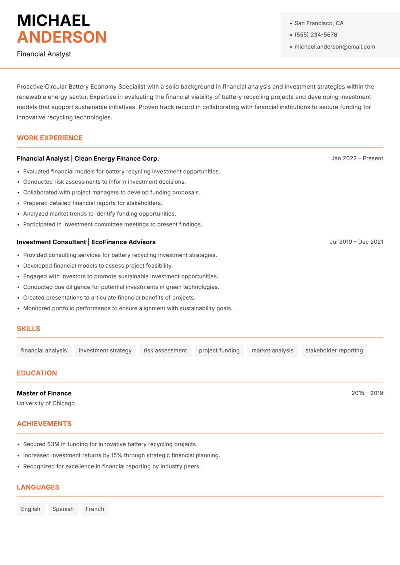 Circular Battery Economy Specialist Resume Template
