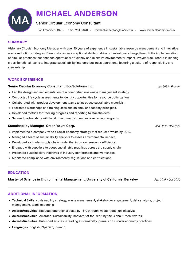 Circular Economy Manager Resume Preview Example