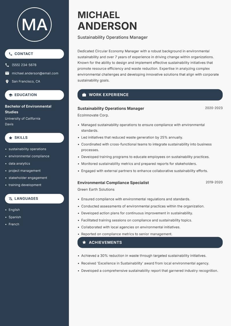 Circular Economy Manager Resume Preview Example