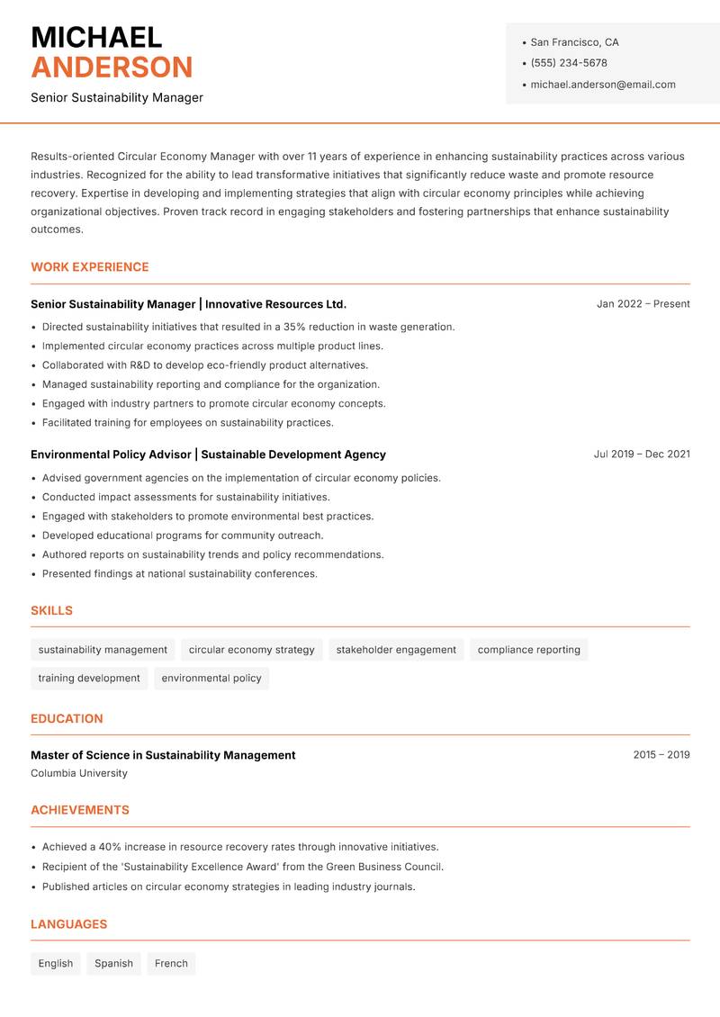 Circular Economy Manager Resume Template