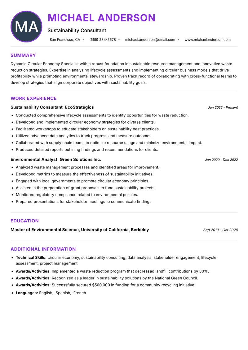Circular Economy Specialist Resume Preview Example