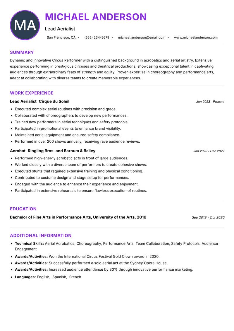 Circus Performer Resume Preview Example