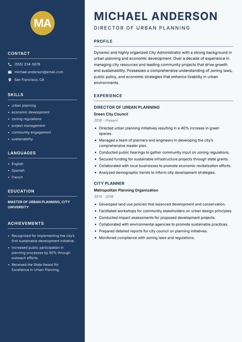 City Administrator Resume Preview Example