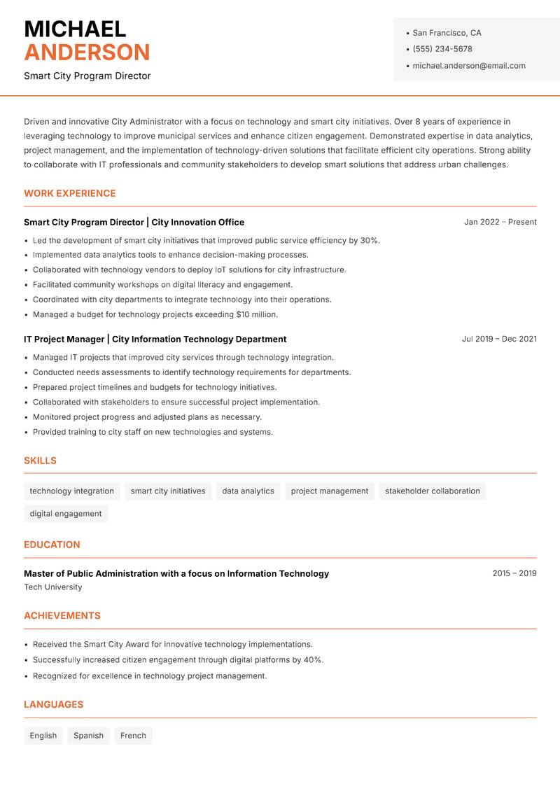 City Administrator Resume Template