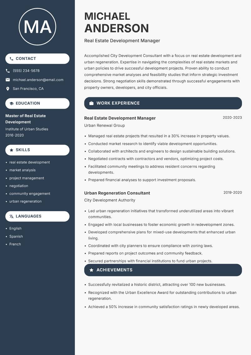 City Development Consultant Resume Preview Example
