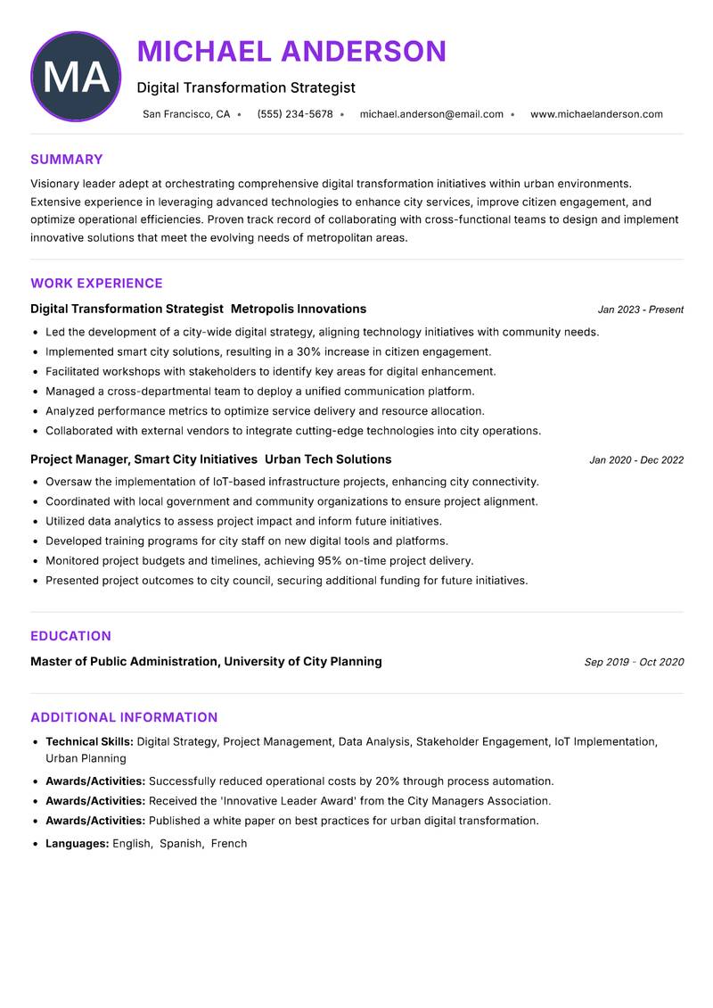 City Digital Transformation Manager Resume Preview Example