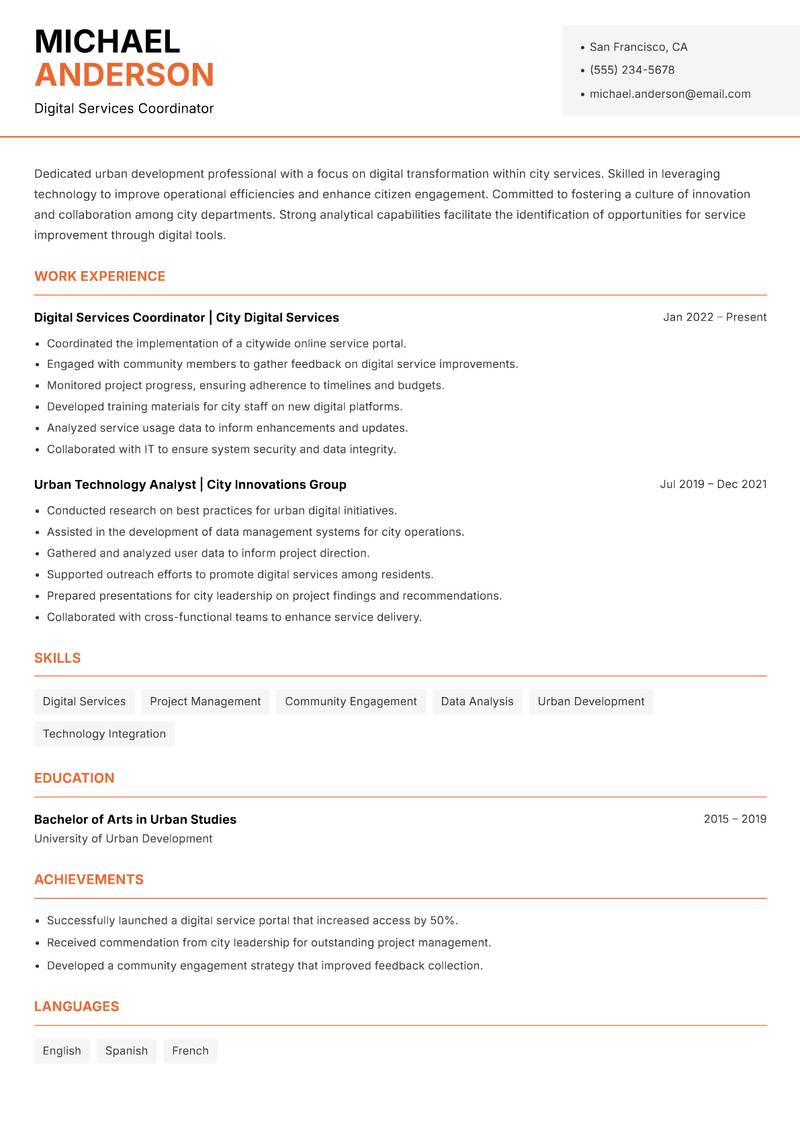 City Digital Transformation Manager Resume Template