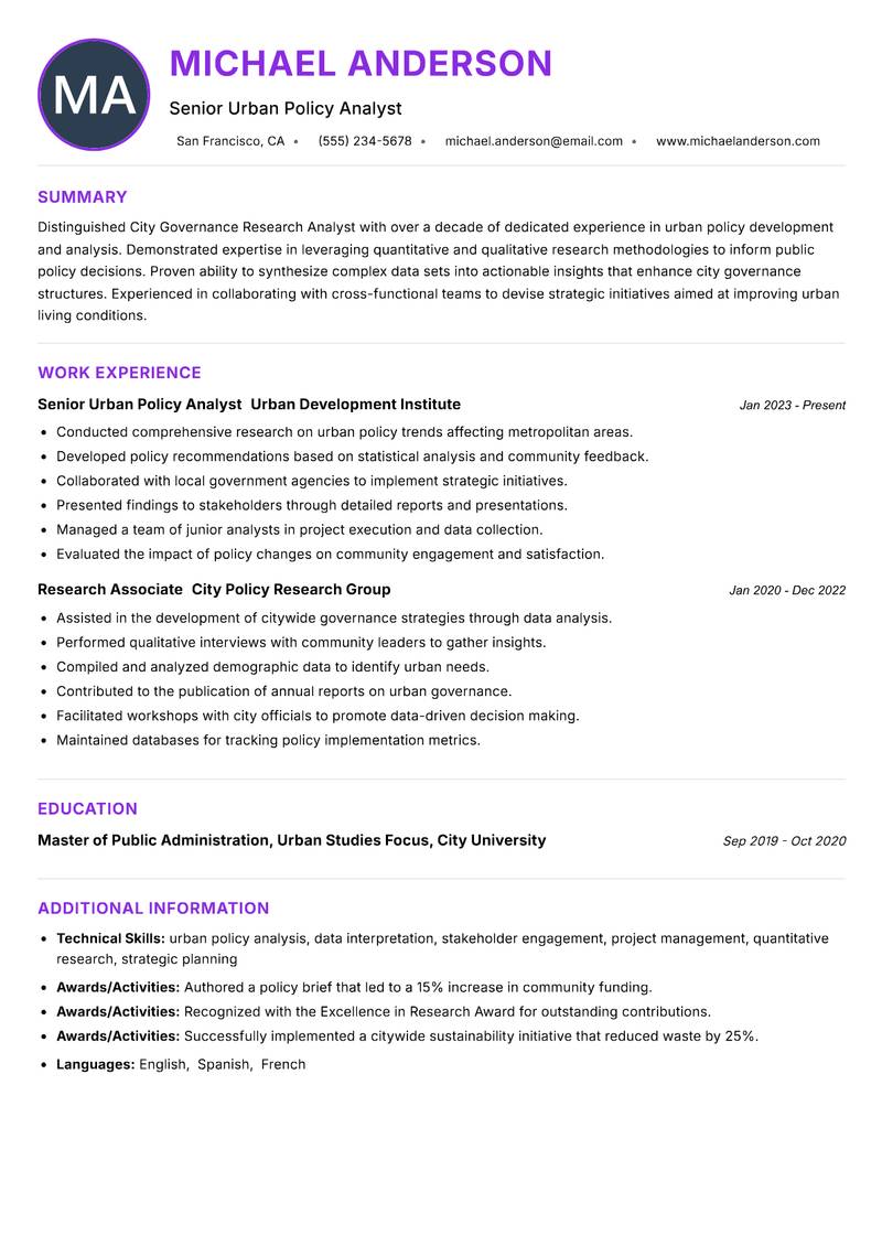 City Governance Research Analyst Resume Preview Example