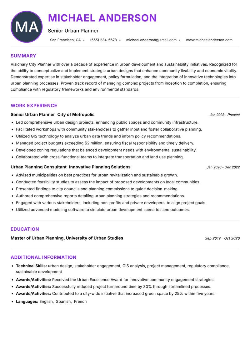 City Planner Resume Preview Example