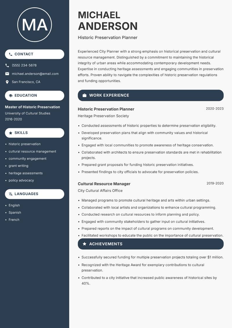 City Planner Resume Preview Example
