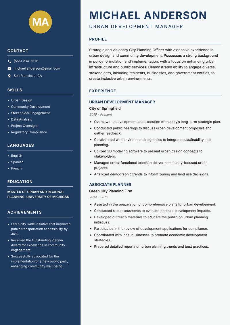 City Planning Officer Resume Preview Example
