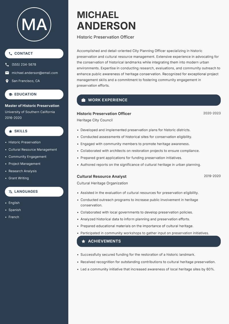 City Planning Officer Resume Preview Example