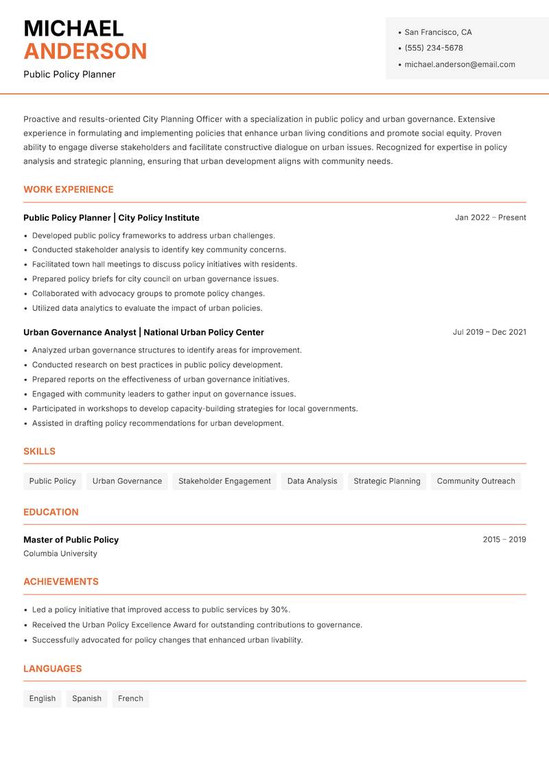 City Planning Officer Resume Template