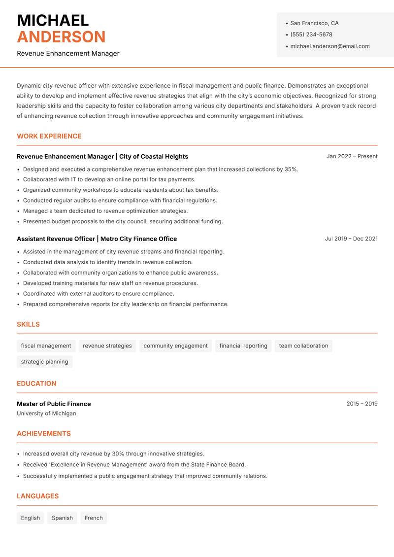 City Revenue Officer Resume Template