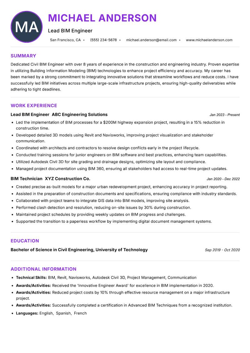 Civil BIM Engineer Resume Preview Example
