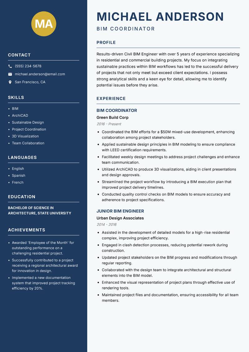 Civil BIM Engineer Resume Preview Example