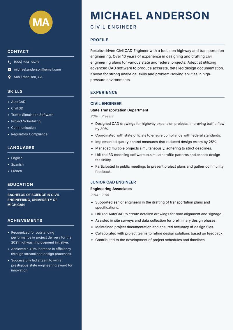 Civil CAD Engineer Resume Preview Example