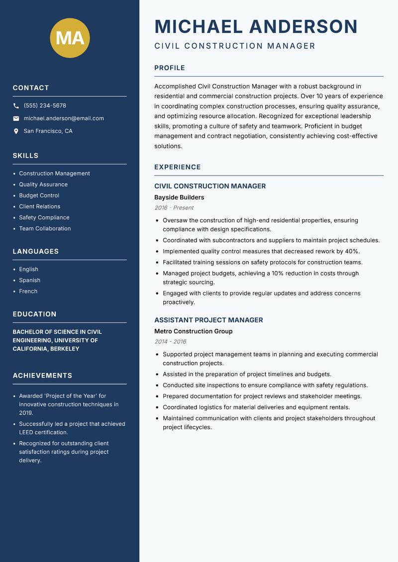 Civil Construction Manager Resume Preview Example