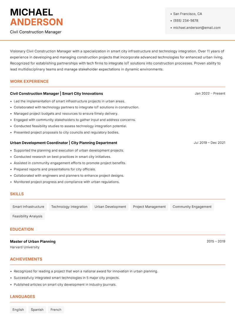 Civil Construction Manager Resume Template