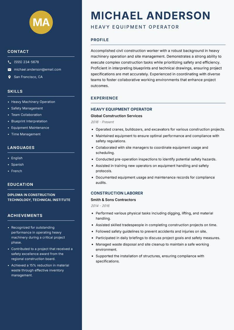 Civil Construction Worker Resume Preview Example