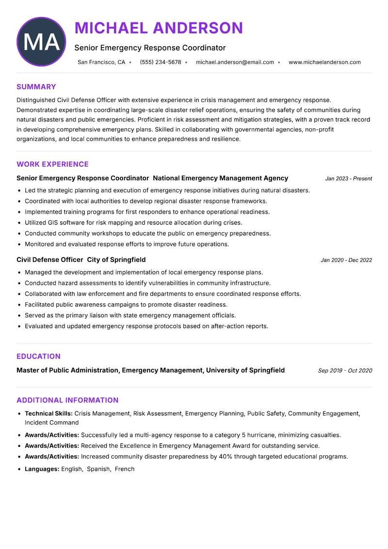 Civil Defense Officer Resume Preview Example