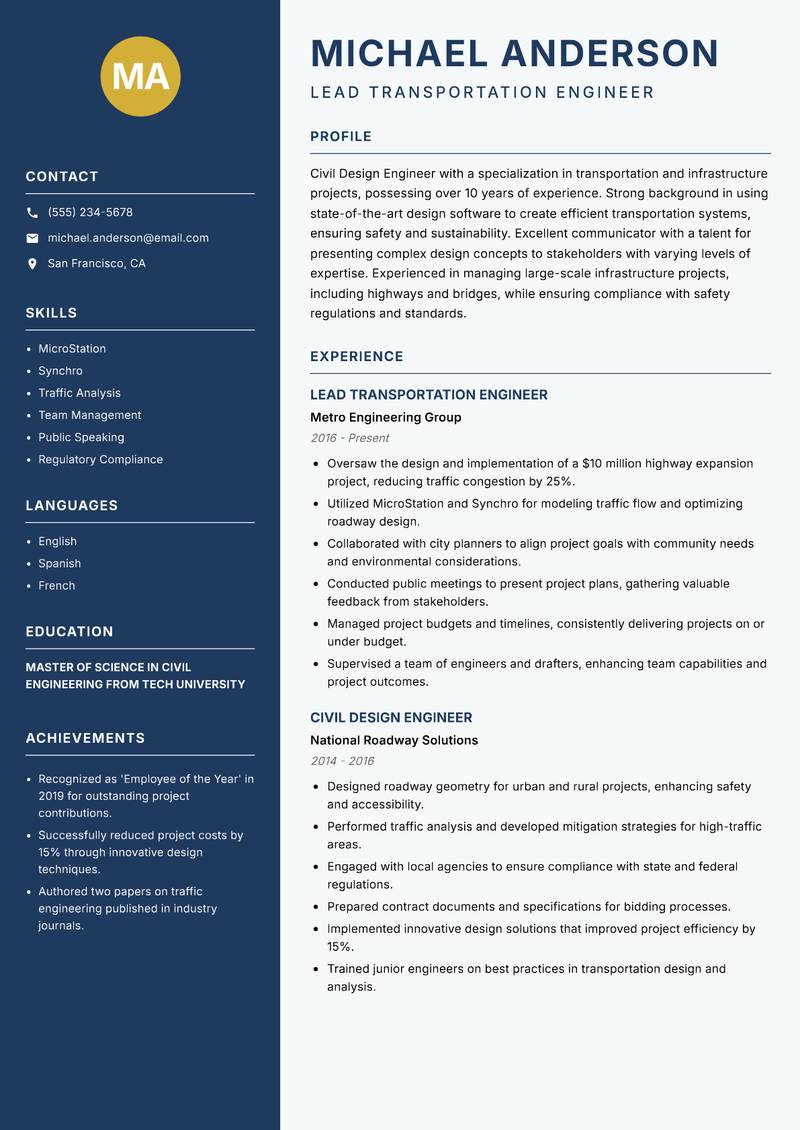 Civil Design Engineer Resume Preview Example