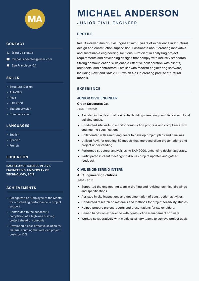 Civil Engineer Resume Preview Example