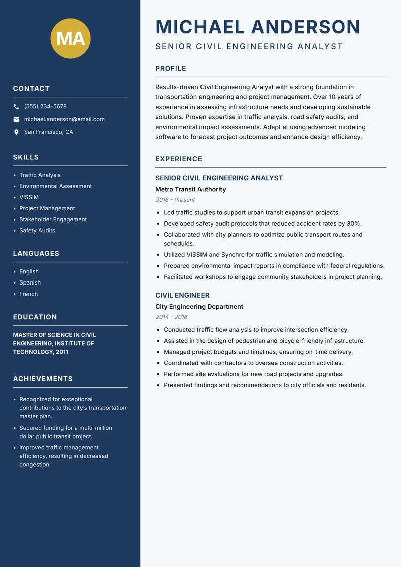 Civil Engineering Analyst Resume Preview Example