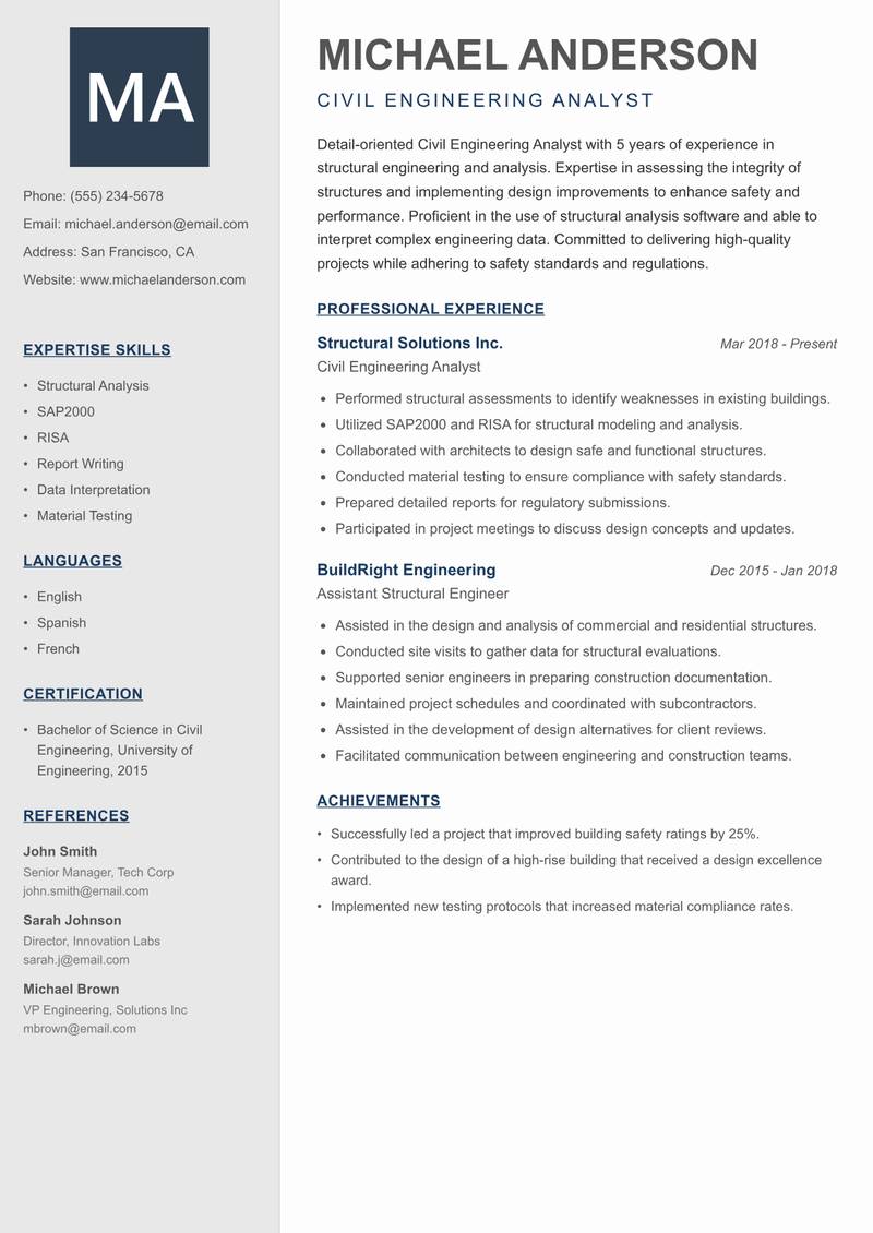 Civil Engineering Analyst Resume Preview Example