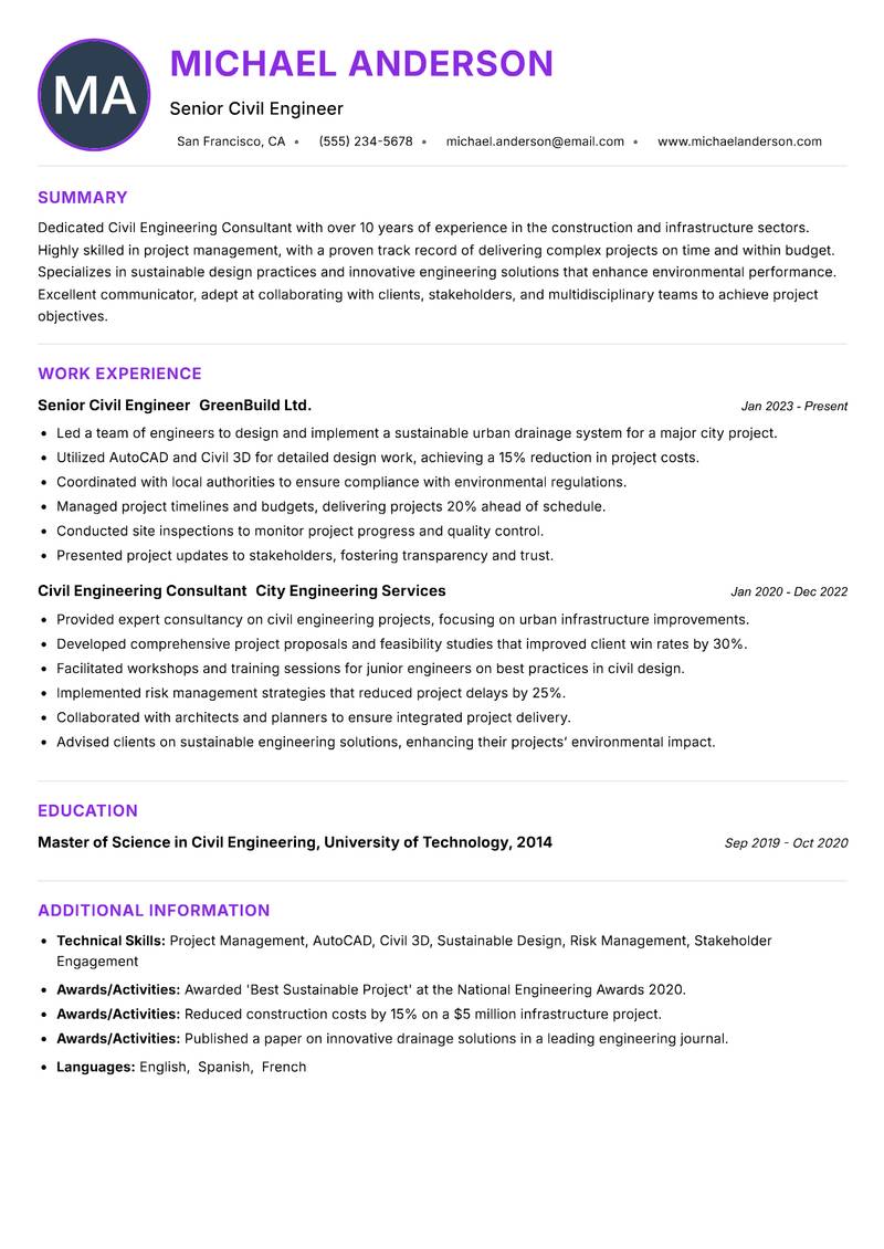 Civil Engineering Consultant Resume Preview Example