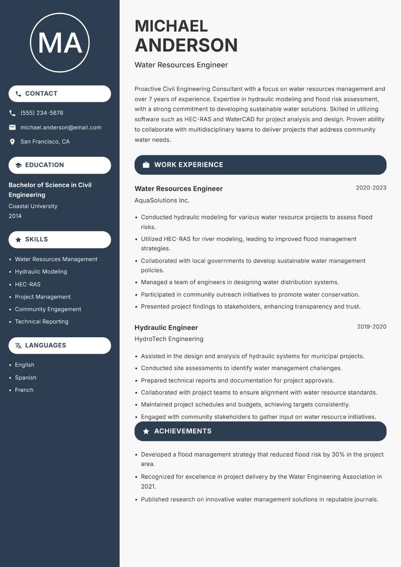 Civil Engineering Consultant Resume Preview Example