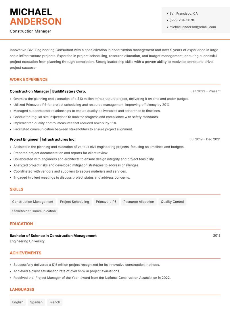 Civil Engineering Consultant Resume Template