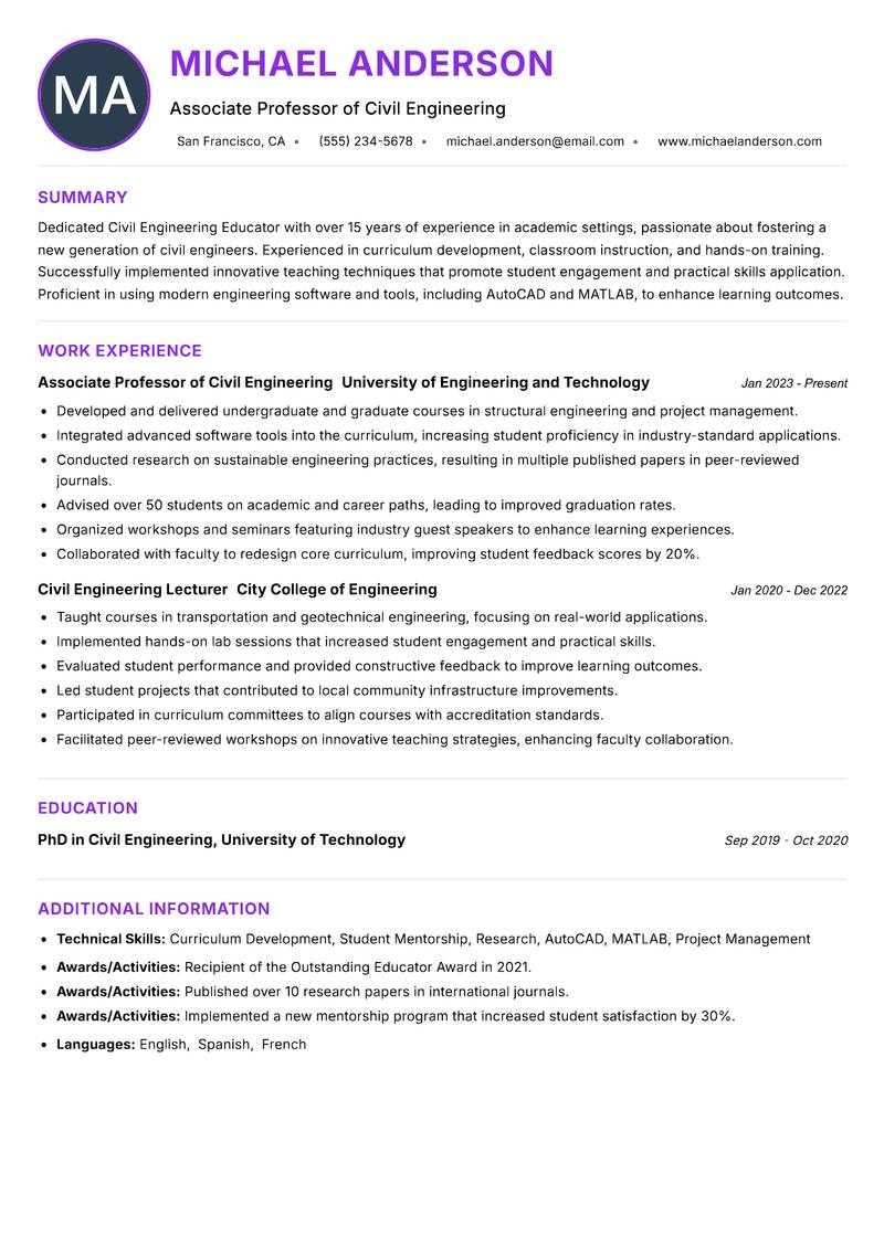 Civil Engineering Educator Resume Preview Example