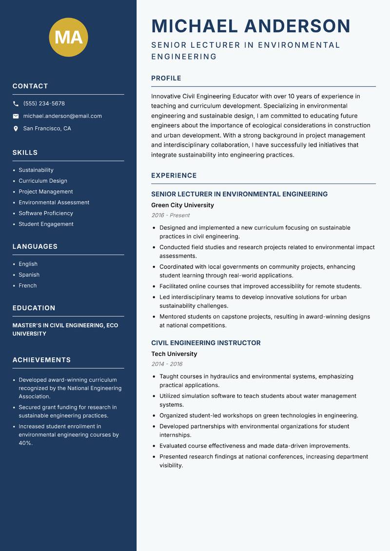 Civil Engineering Educator Resume Preview Example