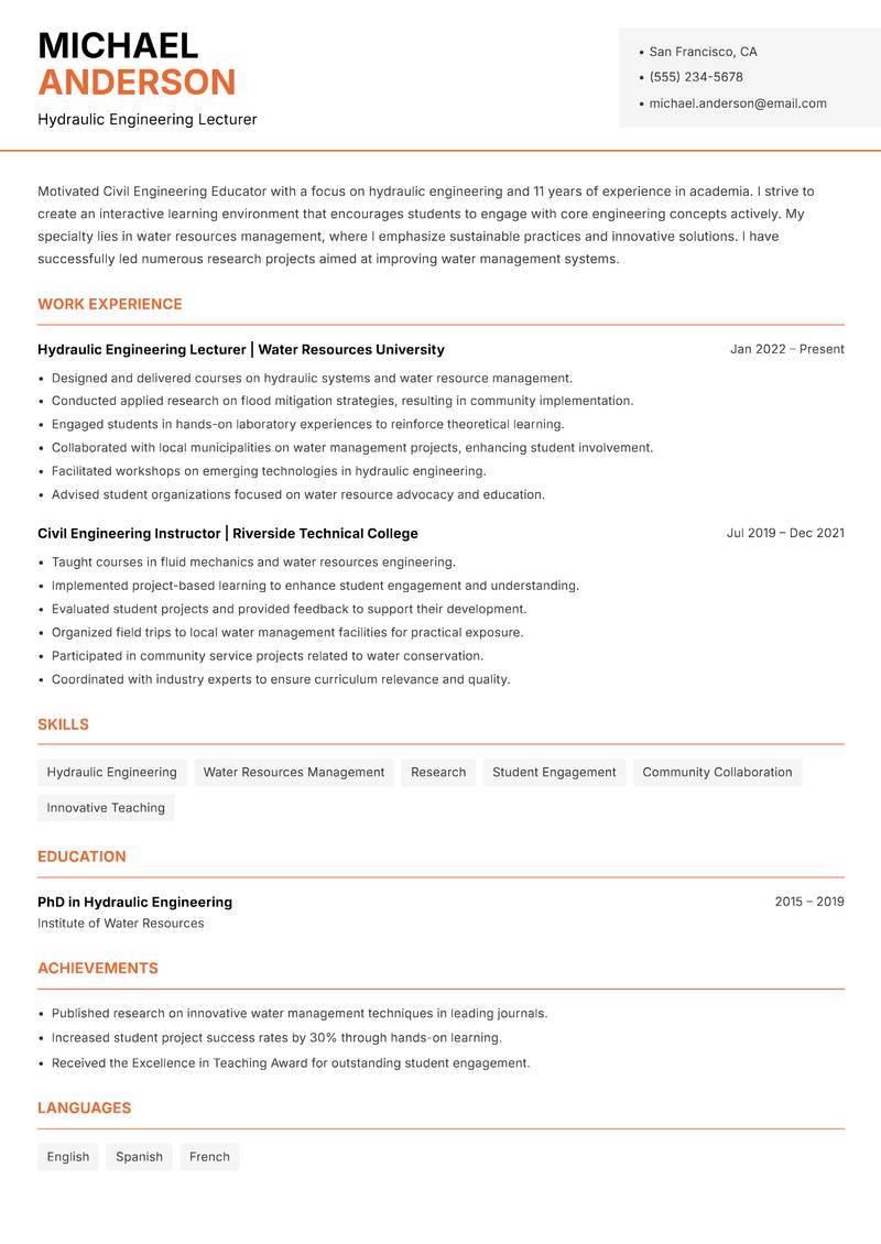 Civil Engineering Educator Resume Template
