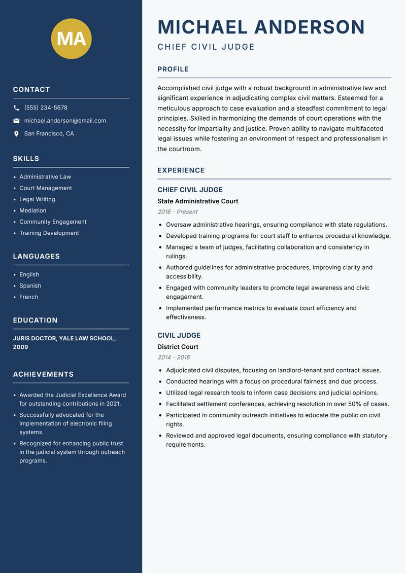 Civil Judge Resume Preview Example