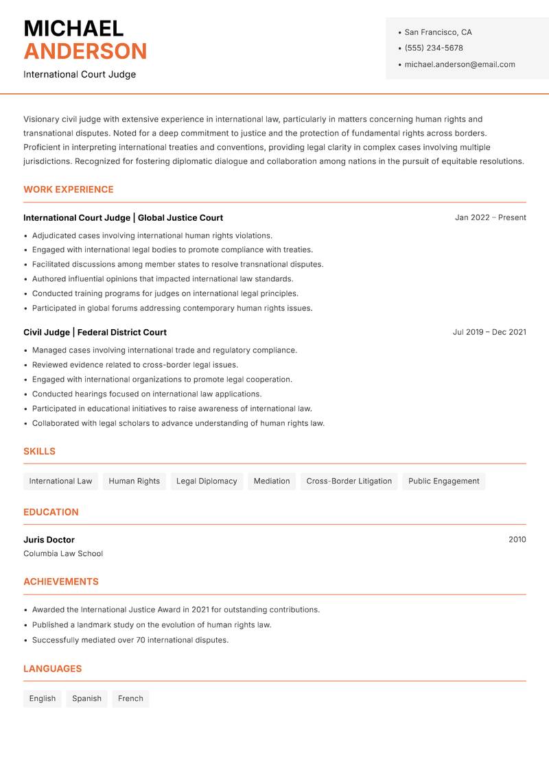 Civil Judge Resume Template