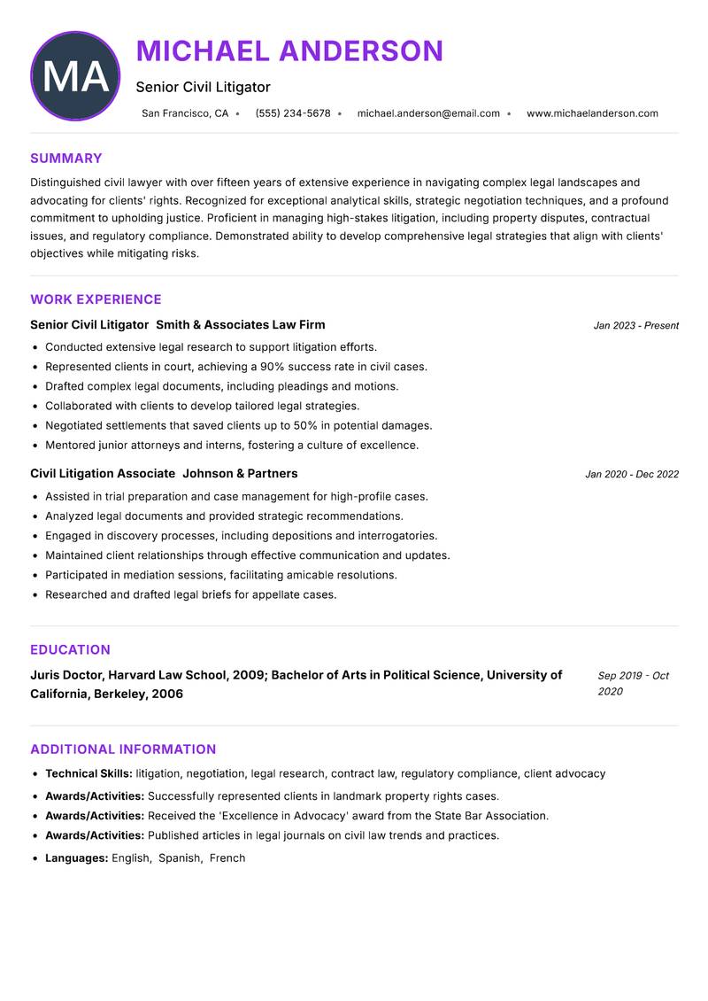 Civil Lawyer Resume Preview Example