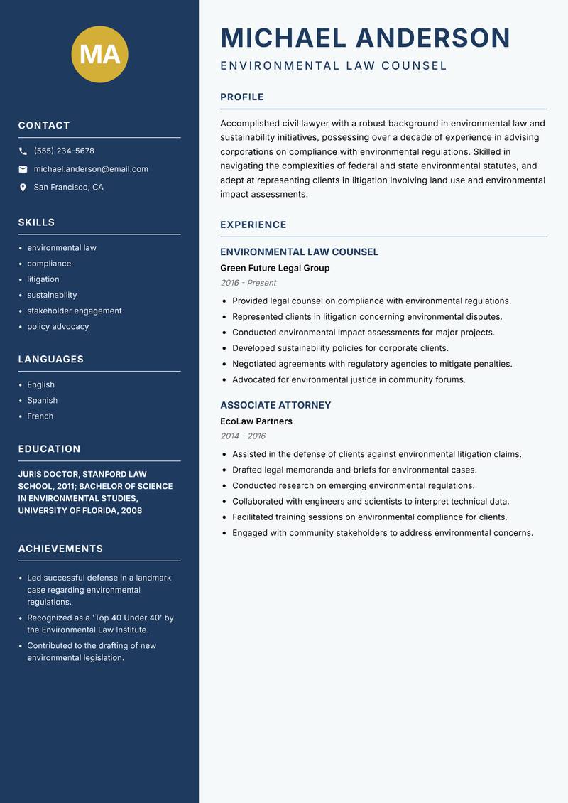 Civil Lawyer Resume Preview Example