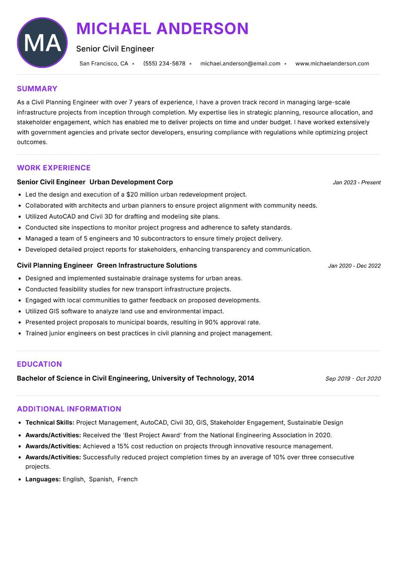 Civil Planning Engineer Resume Preview Example