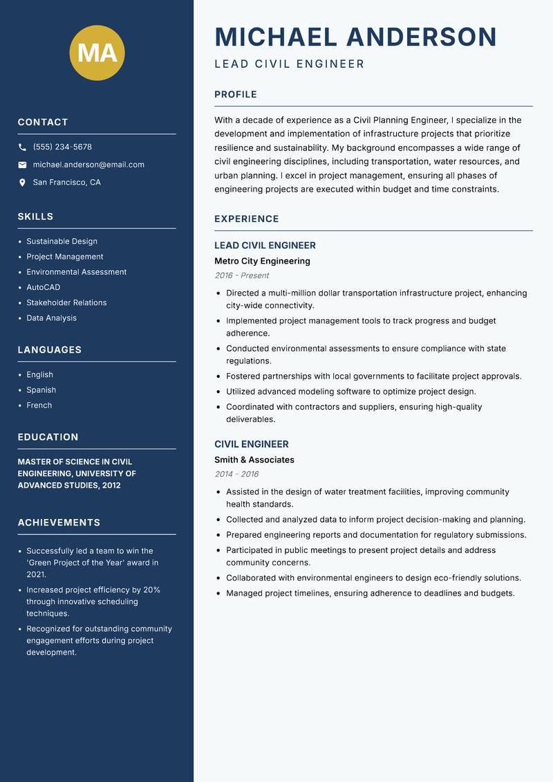Civil Planning Engineer Resume Preview Example