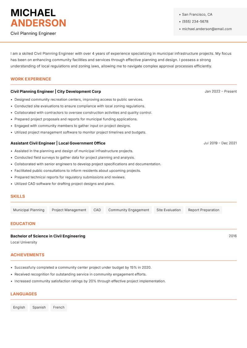 Civil Planning Engineer Resume Template