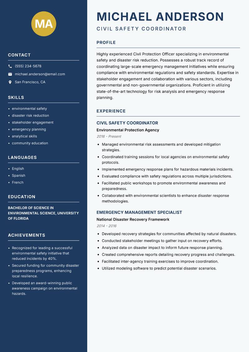 Civil Protection Officer Resume Preview Example