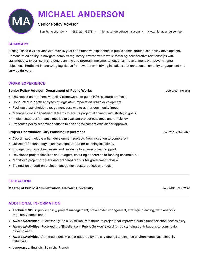 Civil Servant Resume Preview Example