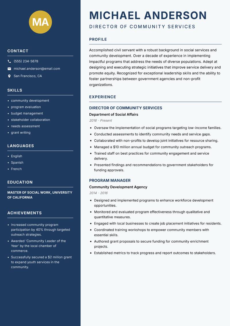 Civil Servant Resume Preview Example