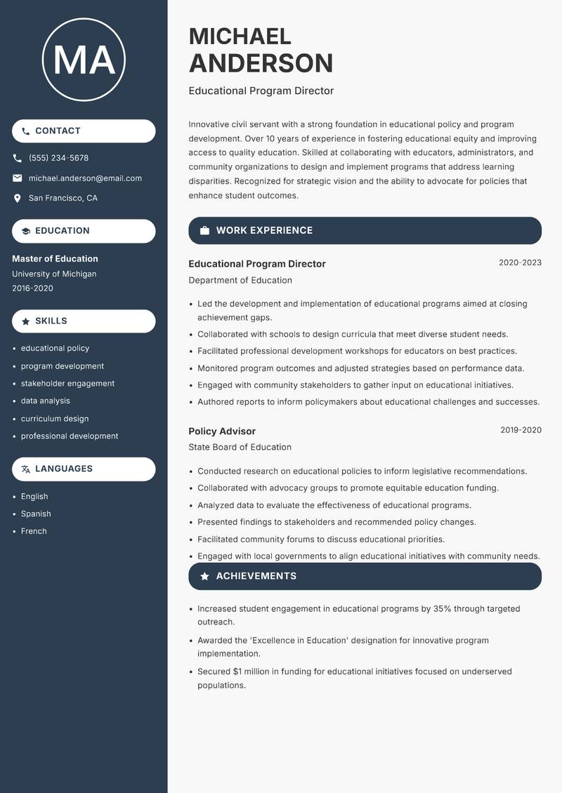 Civil Servant Resume Preview Example