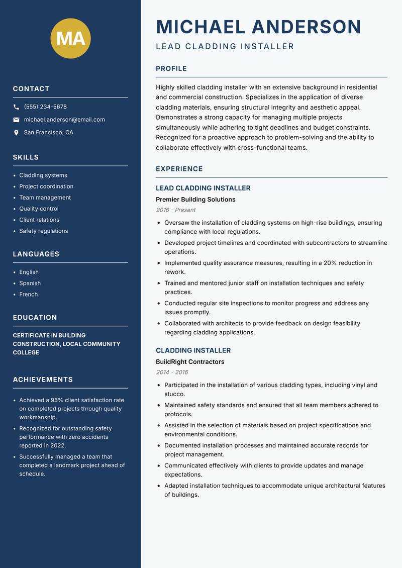 Cladding Installer Resume Preview Example