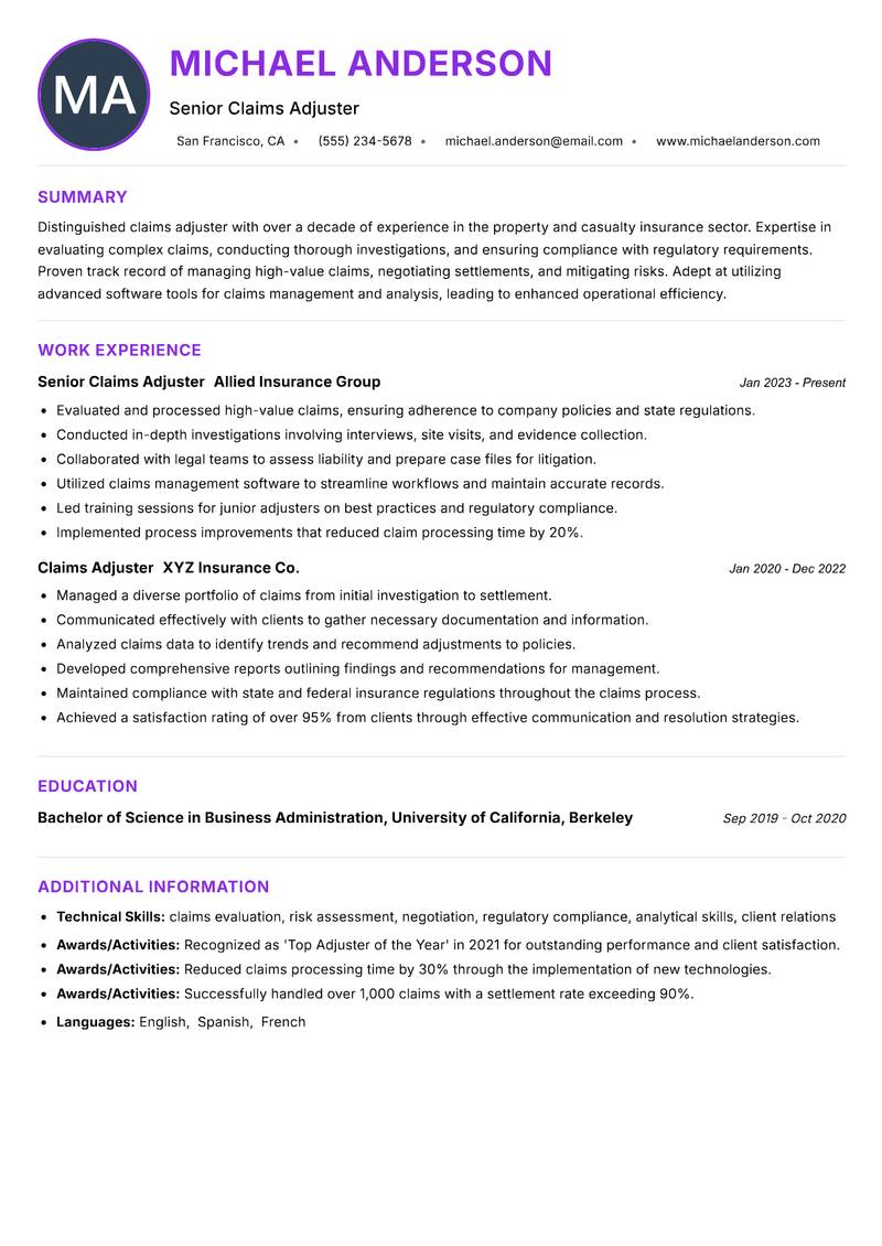 Claims Adjuster Resume Preview Example